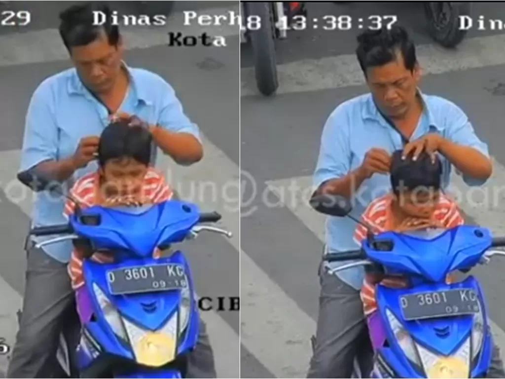 Potret pengendara motor yang cari kutu di rambut anaknya. (instagram/@atcs.kotabandung)
