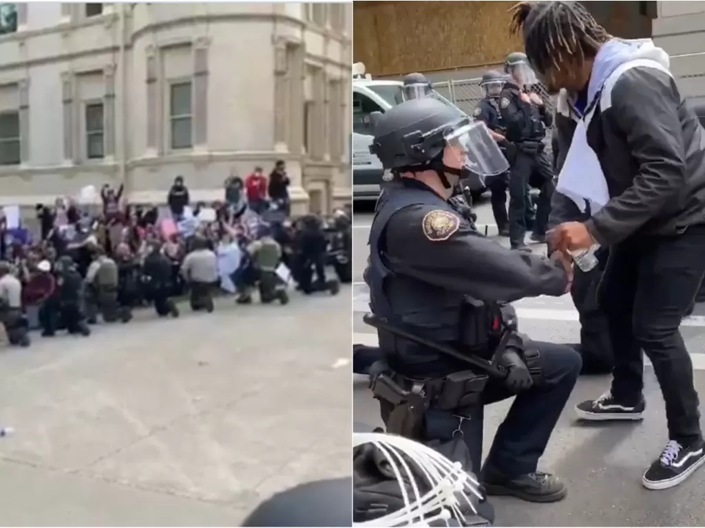 Kiri: Penampakan aksi berlutut polisi di depan pendukung George Floyd. (Twitter/@JoshuaPotash). Kanan: Potret polisi yang berjabat tangan dengan demonstran pendukung George Floyd. (Twitter/@6247Ahmed)