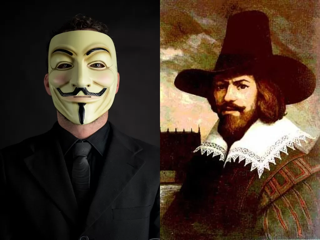 Topeng Guy Fawkes  dan Lukisan Guy Fawkes. (Flickr/Shawn Moreton/MysteryPlanet.com.ar)