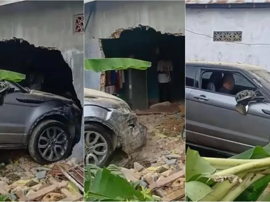Penampakan mobil yang masih utuh setelah nabrak tembok rumah. (Facebook/Habar Banua Kalimantan)