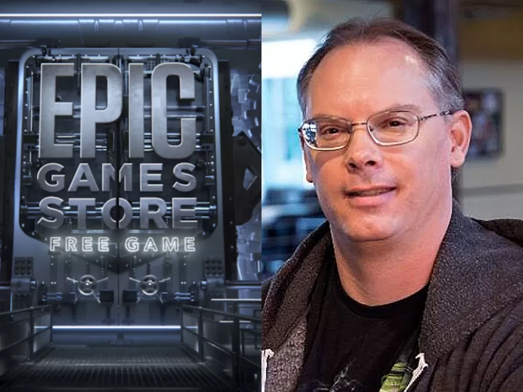 Logo Epic Games Store dan CEO Epic Games, Tim Sweeney (photo/Epic Games/Forbes)