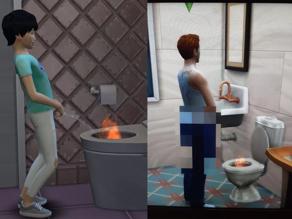 Bug The Sims 4 dimana pemain mengeluarkan api saat buang air kecil (photo/Reddit/r/Sims4)