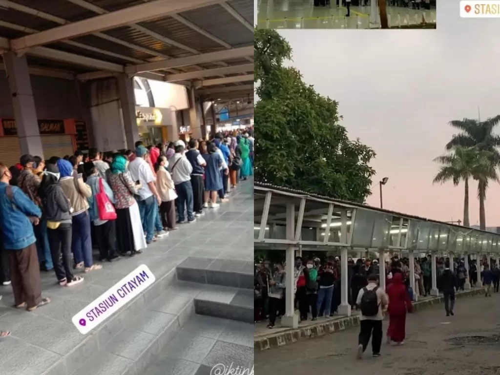Suasana padatnya antrean di Stasiun Citayam dan Stasiun Bogor, Senin pagi (8/6/2020). (Instagram/jktinfo)