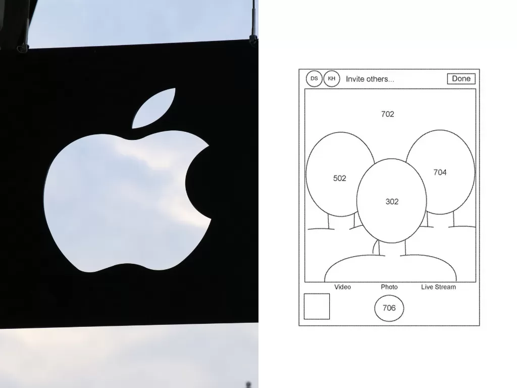 Kiri: Logo Apple, Kanan: Paten software group selfie milik Apple (photo/Unsplash/Medhat Dawoud/USPTO)