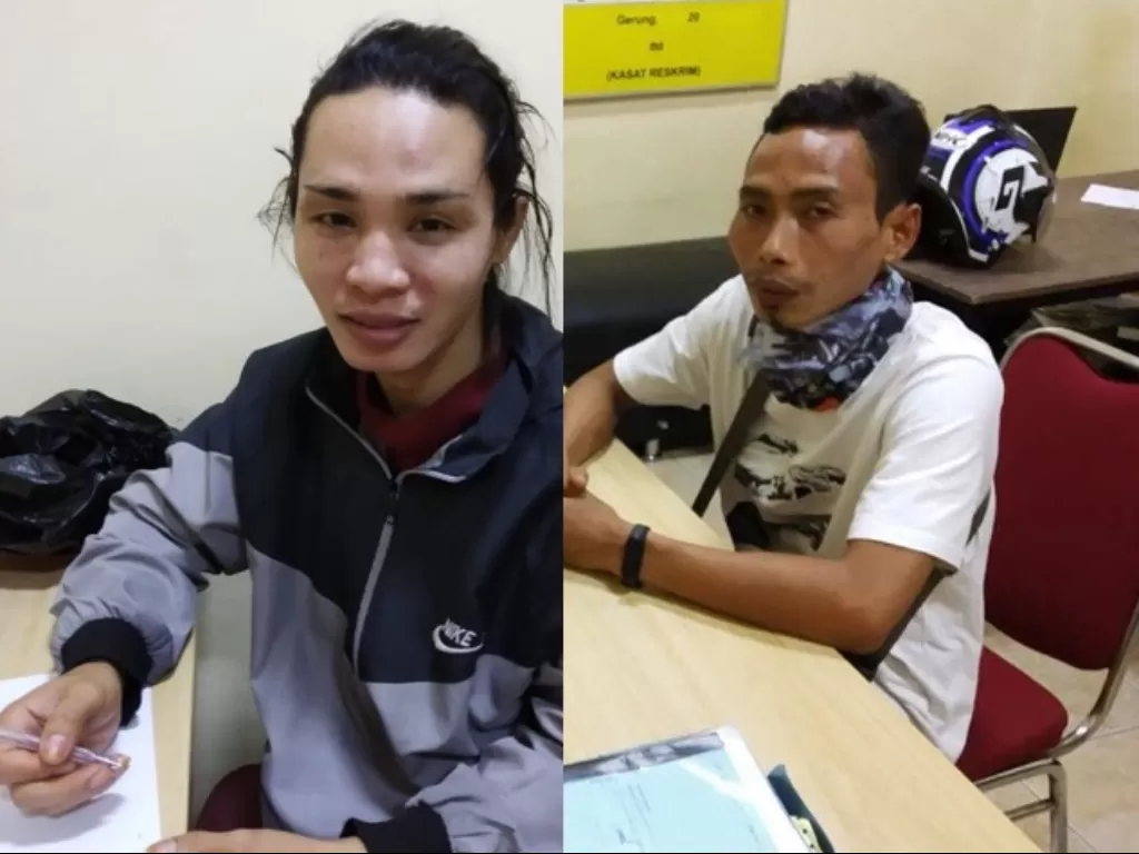 Supriyadi yang menyamar jadi Mita (kiri) dan Muhsin (kanan) saat berada di kantor polisi. (Foto: Istimewa)