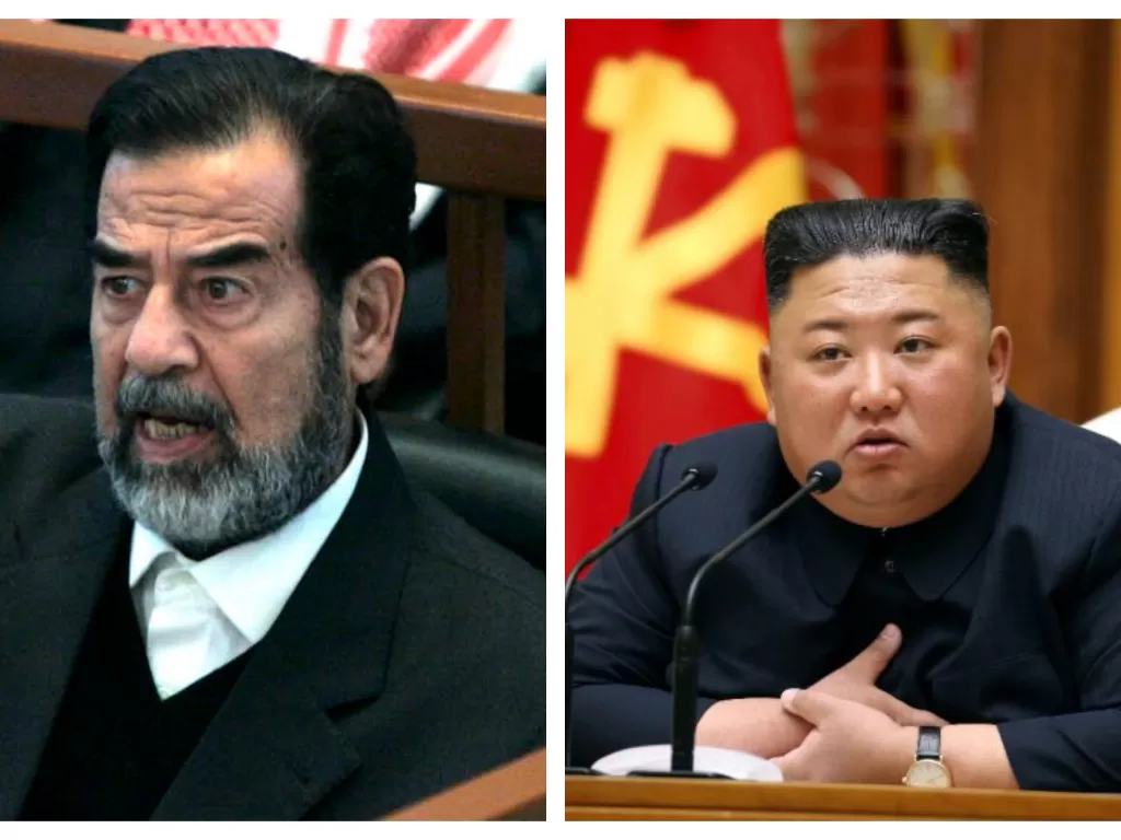 Saddam Hussein. (EPA/Nikola Solic) dan Presiden Korea Utara, Kim Jong Un. (KCNA/via REUTERS)