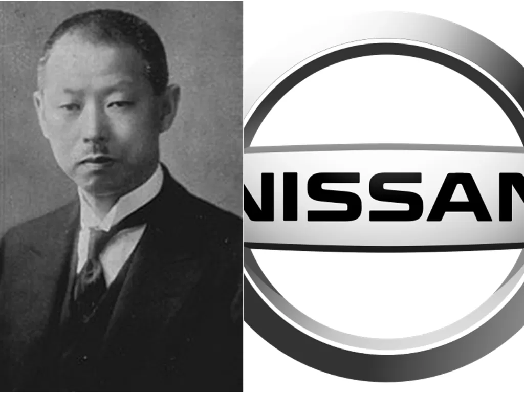 Kiri: Yoshisuke Aikawa. Kanan: Logo Nissan. (Wikipedia)