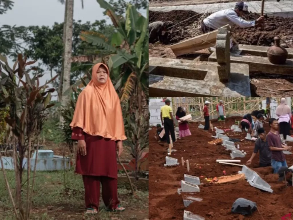 Iyum, wanita yang kuburan anaknya ikut tergusur di Desa Cileduk Hilir, Bogor. (Foto kolase: ANTARA FOTO)