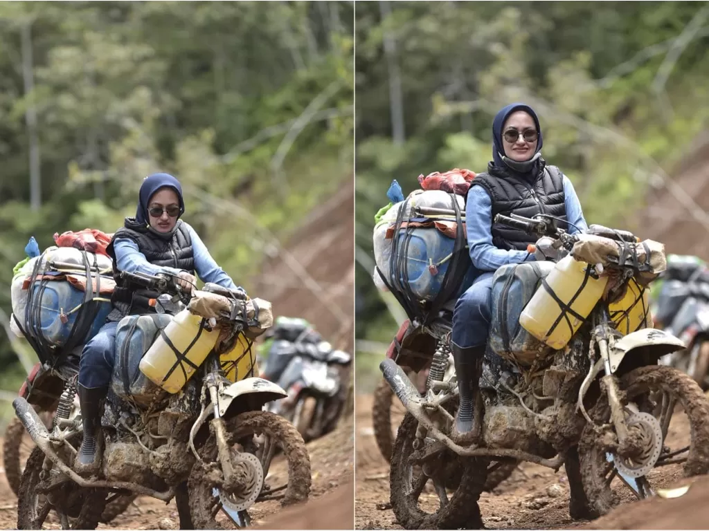Bupati Luwu Utara saat mengendarai motor trail untuk salurkan bansos. (instagram/@indahnyalutra)