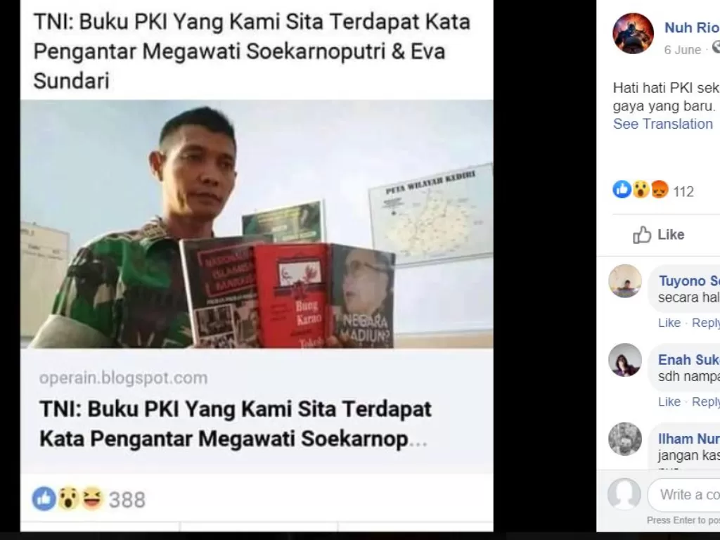 Cek Fakta Buku PKI Terdapat Kata Pengantar Megawati (Tangkapan Layar Postingan FB Nuh Rio Nahril Abdillah)