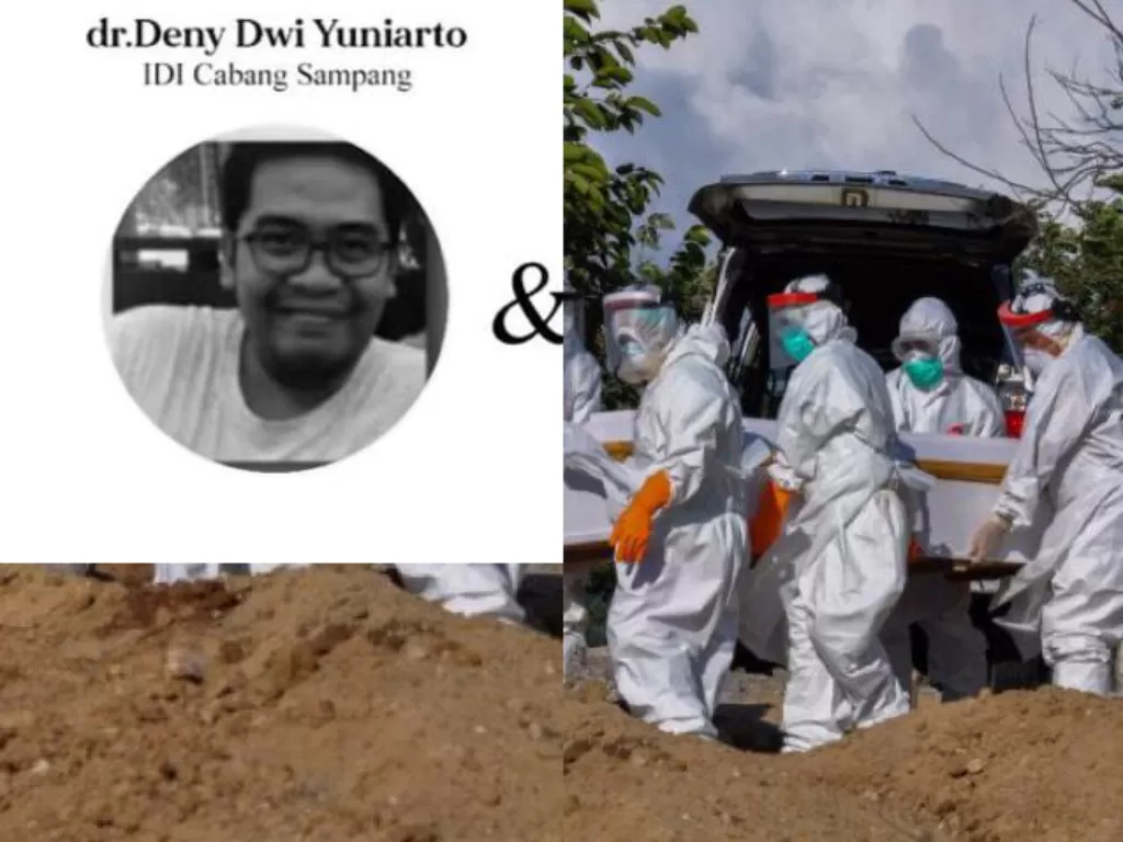 dr Denny Dwi Yuniarto (kiri atas) dan ilustrasi petugas memakamkan jenazah penderita corona dengan memakai peralatan keamanan. (ANTARA FOTO/Eddy Djunaedi)