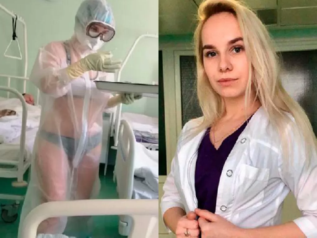 Seorang perawat yang viral karena pakai bikini di balik APD-nya. (photo/RBTH/VK)