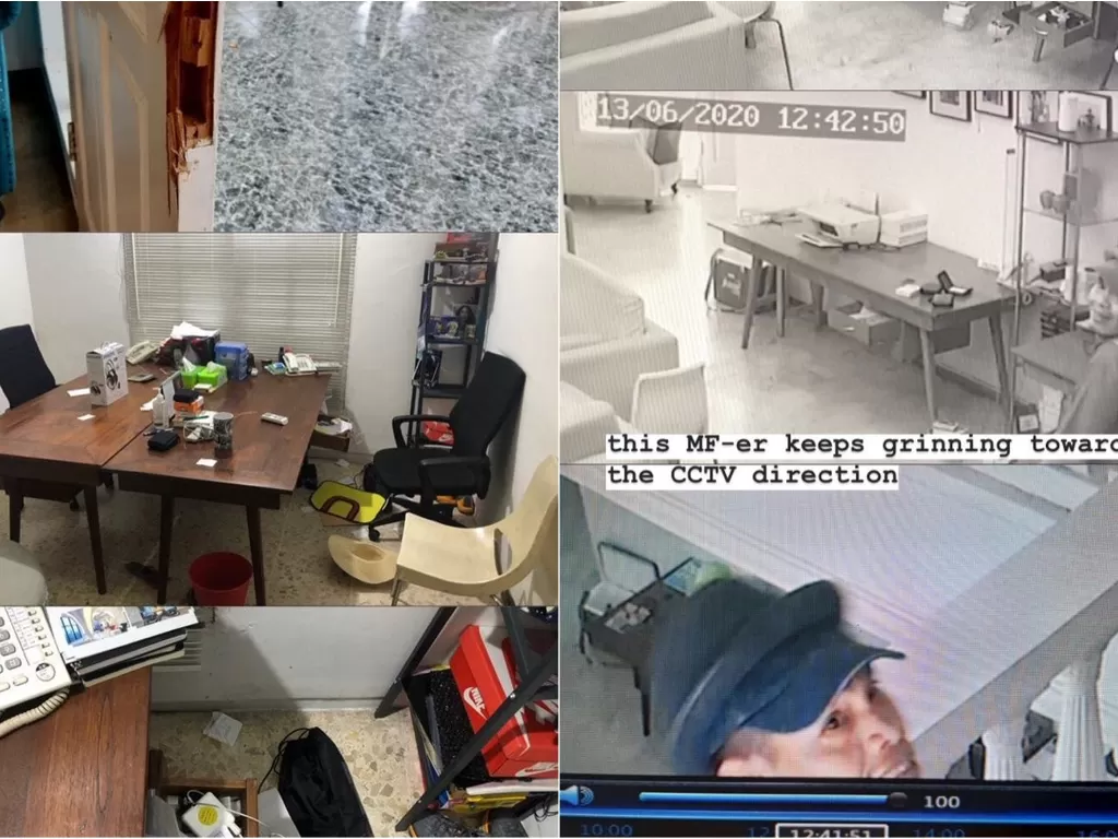 Kiri: Kondisi kantor yang dimalingi. Kanan: Potret salah satu pencuri yang cengengesan di depan kamera CCTV. (Twitter/@gravebby)