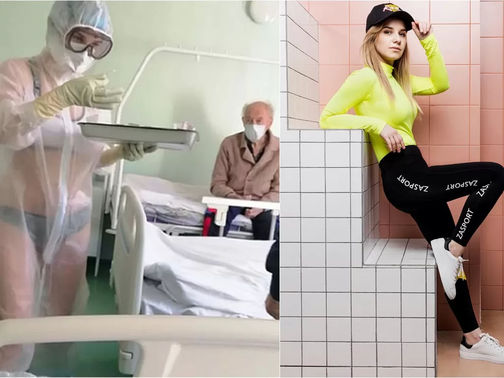Kiri: Perawat Nadia Saat pakai bikini dibalik APD-nya. (Tulskie Novosti) / Kanan: Nadia saat jadi model. (instagram/@nadinzhuk)