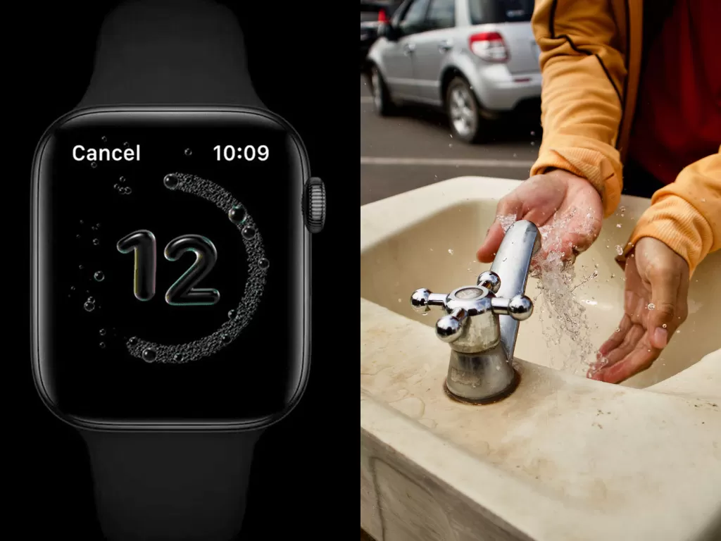 WatchOS 7 dan ilustrasi mencuci tangan (photo/Apple/Unsplash/Rizal Hilman)