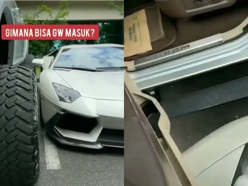 Tampilan Lamborghini dipijak oleh pemilik mobil double cabin akibat parkir sembarangan. (SS/Instagram/@infoanda)