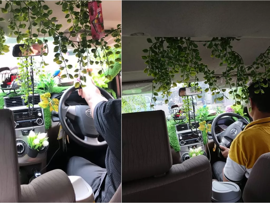 Potret mobil yang dihiasi berbagai tanaman hias. (Twitter/@jagadhj)