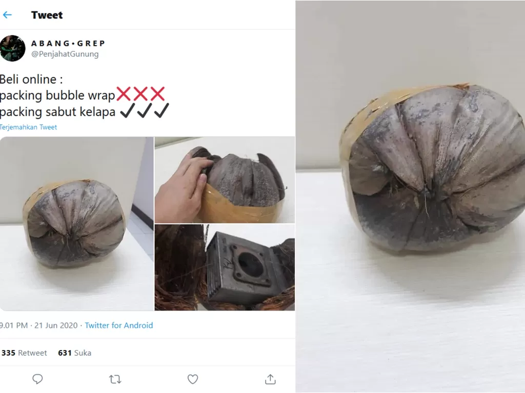 Potret paket yang dibungkus dengan sabut kelapa. (Twitter/@PenjahatGunung)
