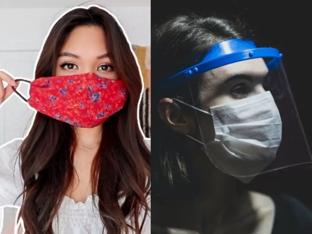kiri: Ilustrasi masker kain (Youtube/MissTiffanyMa), kanan: ilustrasi face shield. ((Unsplash/Engin akyurt).
