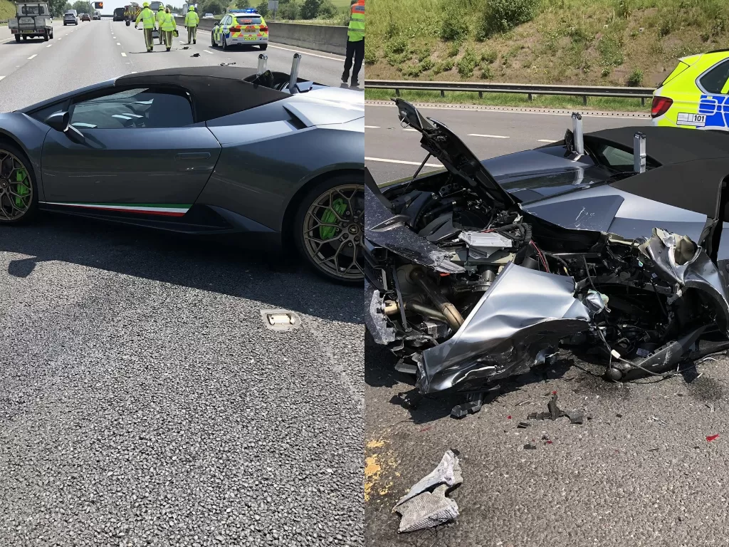 Tampilan Lamborghini Huracan Performante Spyder yang hancur babak belur saat melintas. (Twitter/@WYP_RPU)