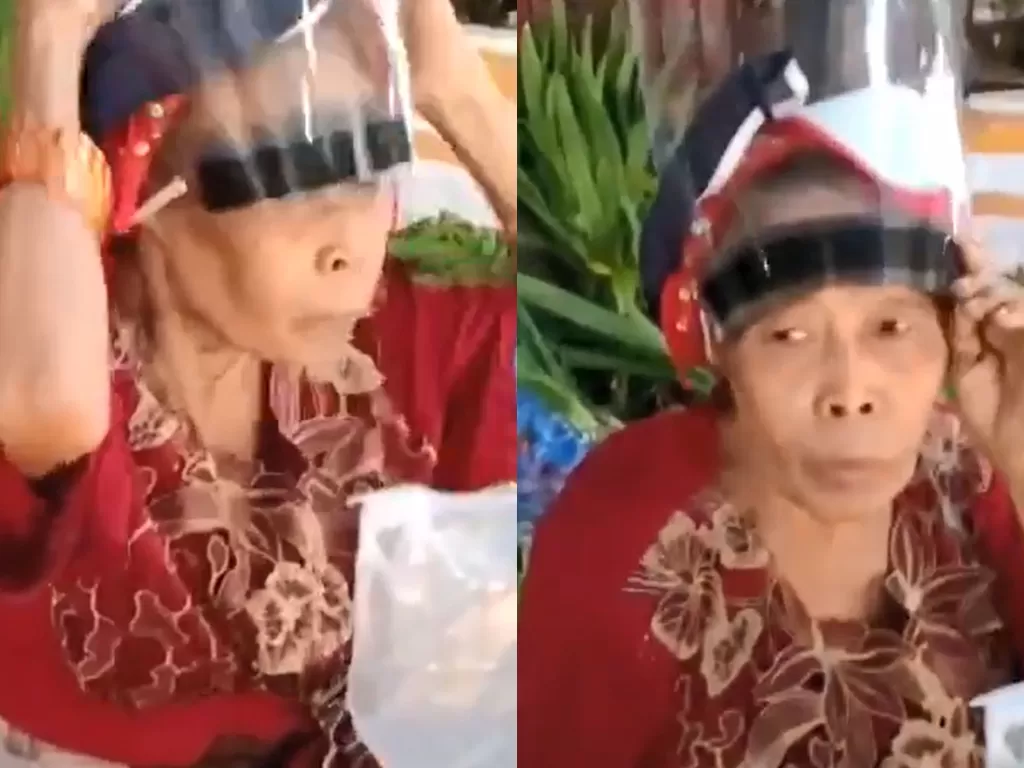 Nenek ini bikin netizen terhibur karena memakai pelindung wajah terbalik. (Photo/Twitter/@jawafess)
