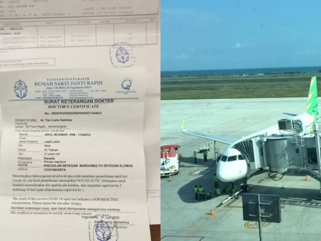 Ilustrasi surat hasil rapid tes (kiri) dan pesawat menunggu penumpang masuk ke dalam (kanan). (Foto: INDOZONE/Abul Muamar)