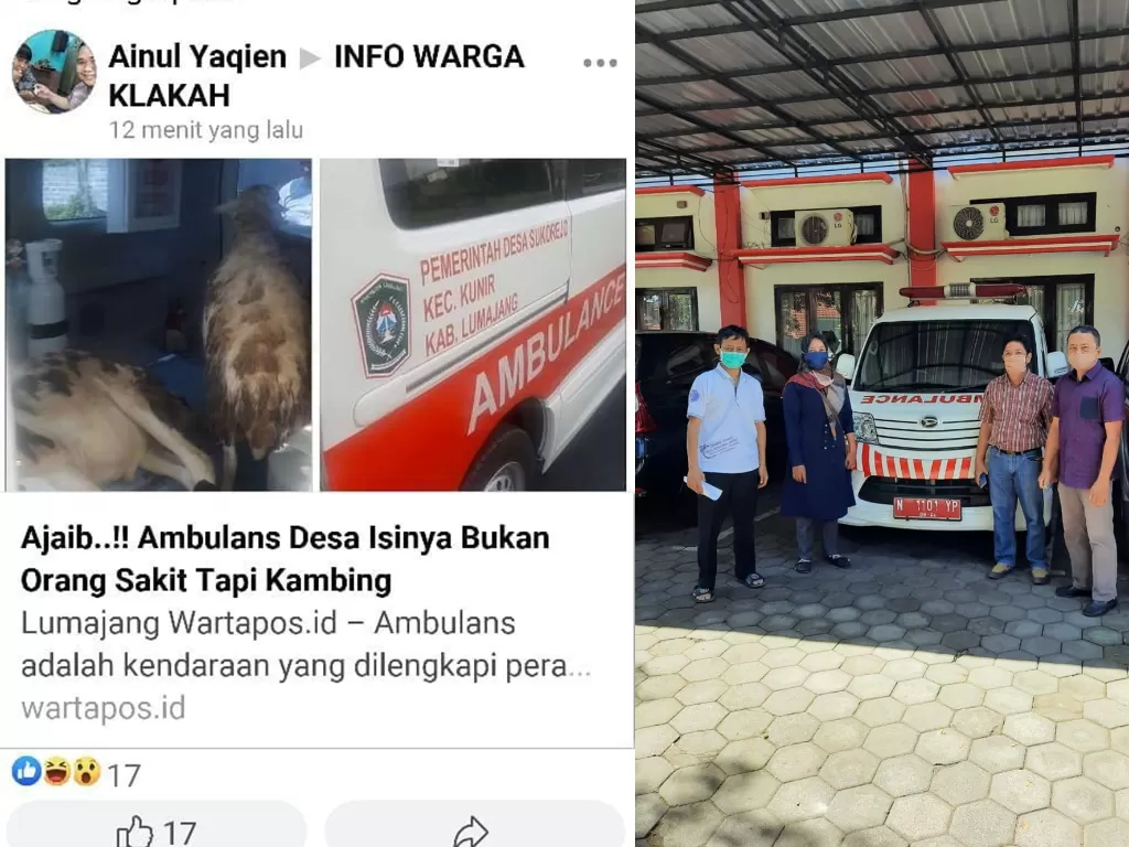 Tampilan unggahan mobil ambulans yang mengangkut kambing di Lumajang. (Facebook/Indah Masdar)