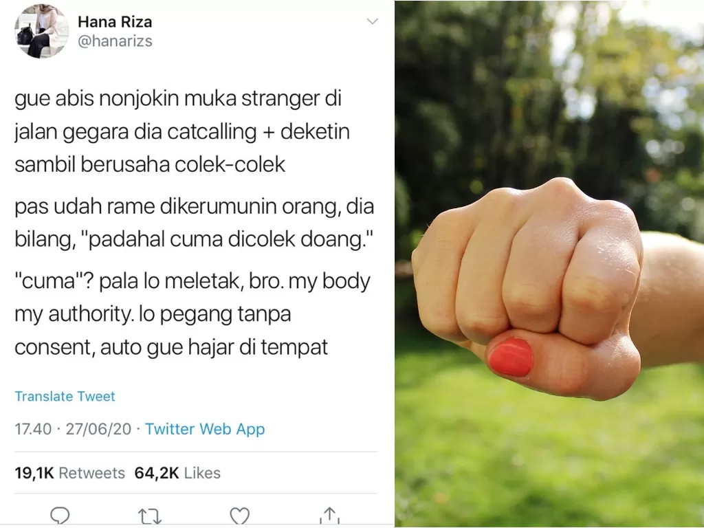Kiri: Unggahan wanita yang jadi korban catcalling. (Twitter/@hanarizs) Kanan: Ilustrasi tangan memukul. (pixabay/Miriam Verheyden)