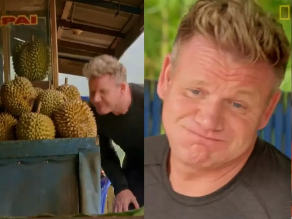 Gordon Ramsay mencicipi durian saat ke Sumatera Barat. (Twitter/NatGeoChannel)