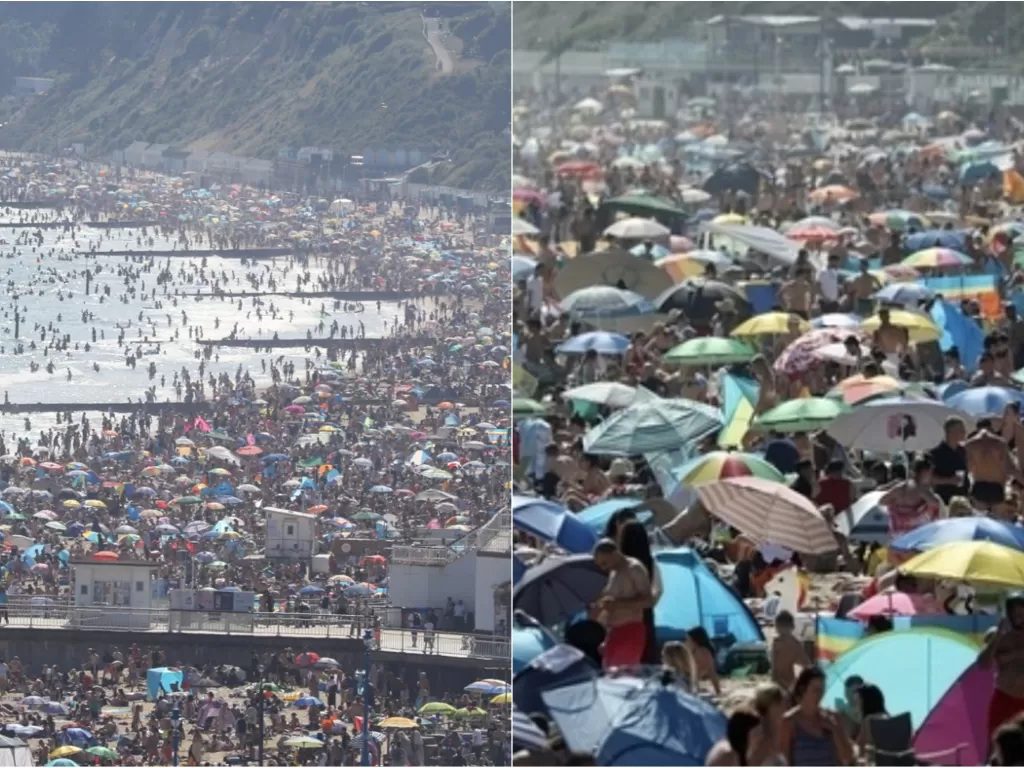 Potret ribuan warga yang berbondong-bondong liburan ke pantai Bournemouth. (Twitter/@paulwaugh)