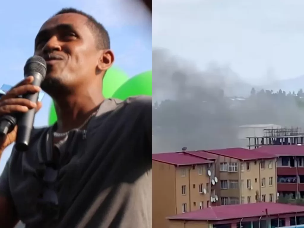 Kiri: Haacaaluu Hundeessaa (photo/dok.allafrica.com). Kanan: Penampakan asap dari aksi proters terkait tewasnya musisi Ethiopia Haacaaluu Hundeessaa, di Addis Ababa, Ethiopia, Minggu (30/6/2020). (photo/REUTERS/Stringer)