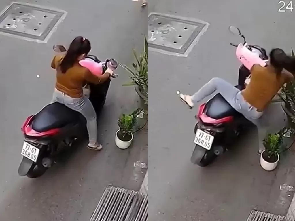 Seorang wanita jatuh tersungkur saat hendak mencuri. (Screenshot)