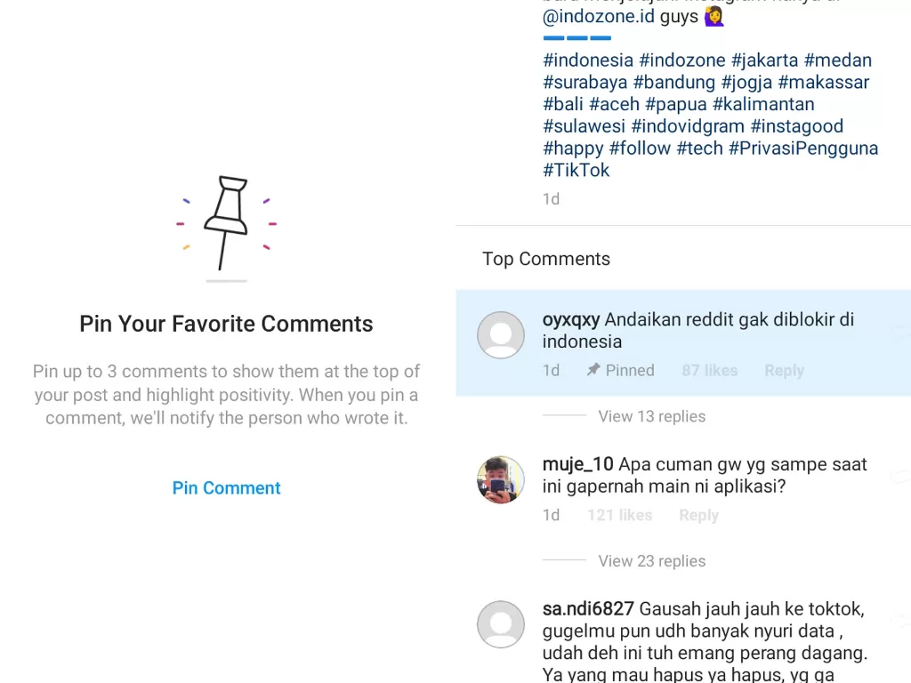 Fitur 'pin comments' di Instagram (photo/INDOZONE/Ferry)