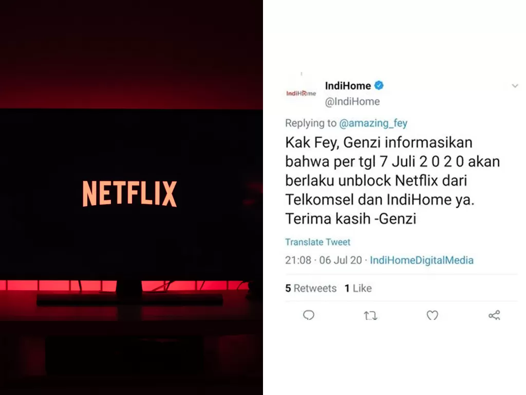 Kiri: Logo Netflix, Kanan: Balasan akun Twitter IndiHome yang kini sudah dihapus (photo/Unsplash/Twitter)