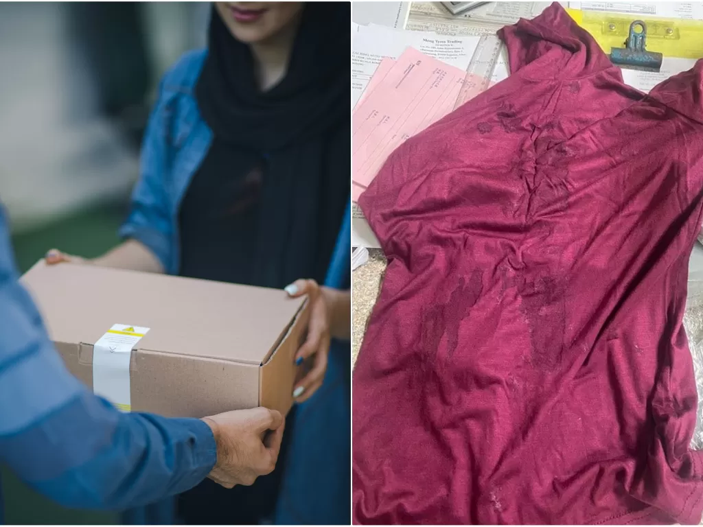 Kiri: Ilustrasi customer menerima paket. (Unsplash/RoseBox). Kanan: Baju basah dan bau yang diterima customer. (Facebook/Auni Ameera)