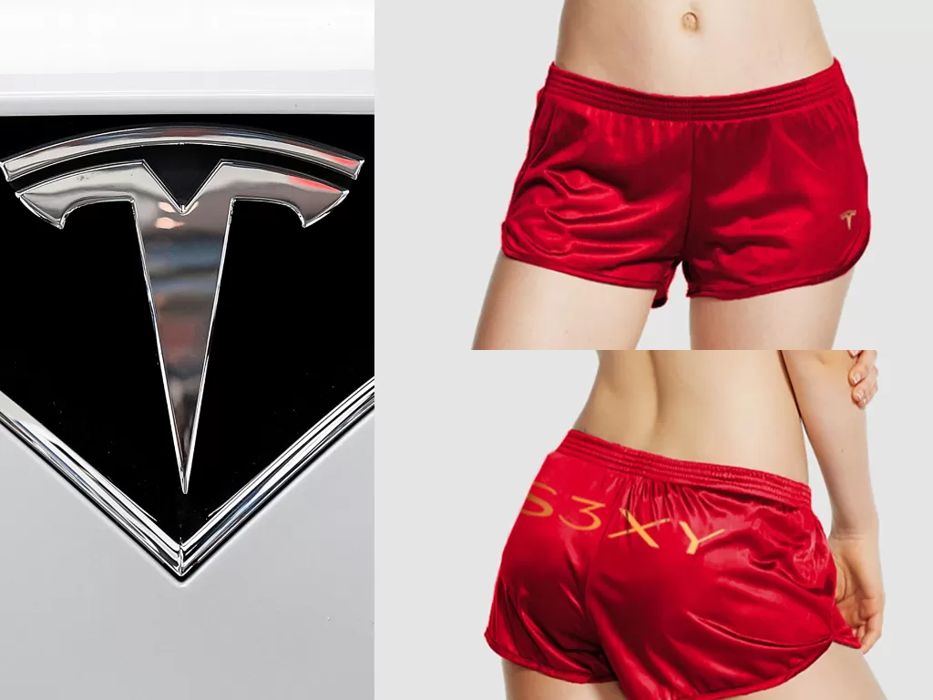 Logo pabrikan Tesla (kiri) dan celana pendek 