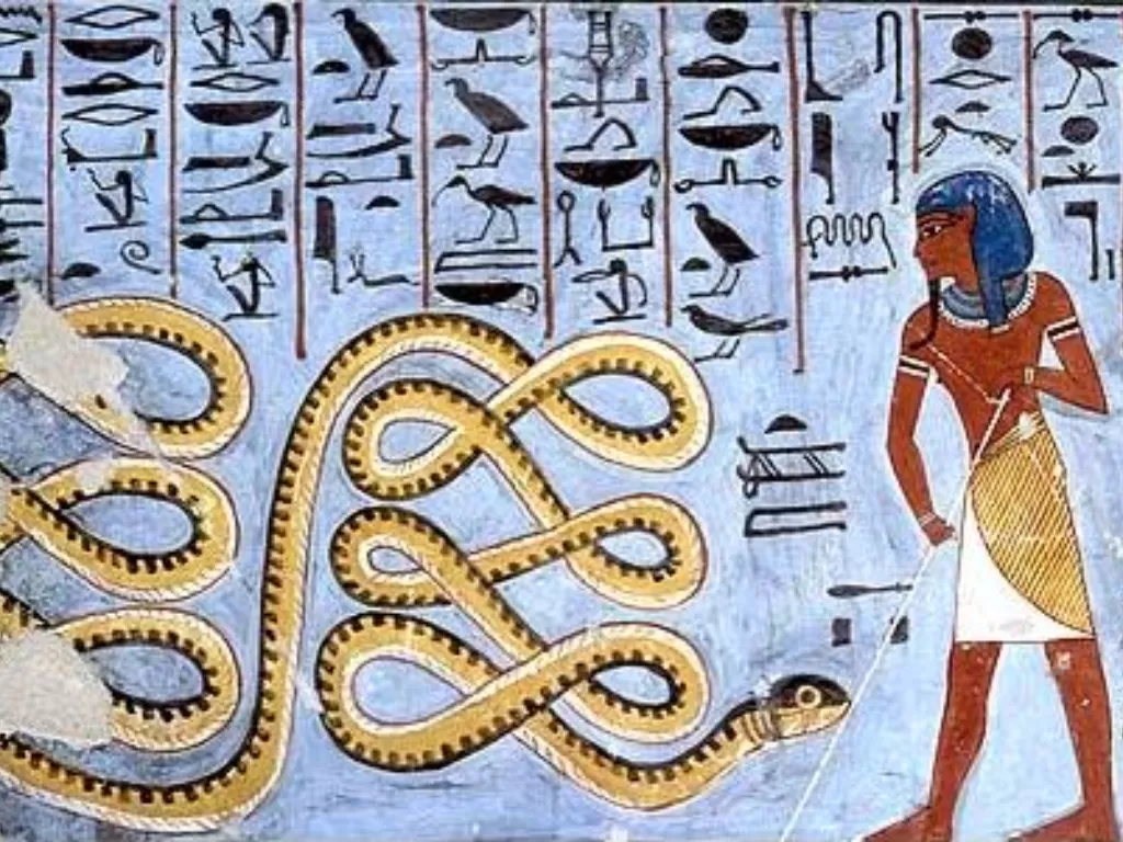 Ilustrasi dewa apophis atau ape yang berbentuk ular. (ancientegyptonline.co.uk)