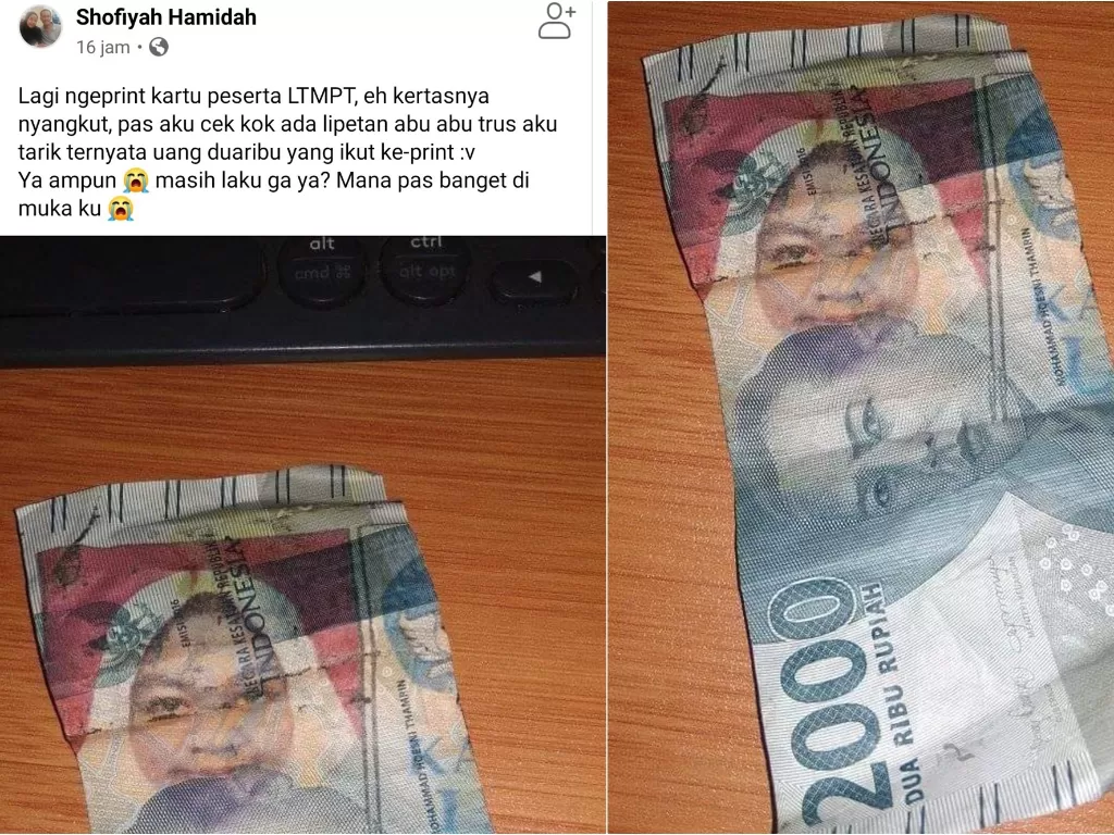 Unggahan warganet yang cetak pas foto di uang Rp2000 (Facebook/Twitter/Faiz @Paapais)