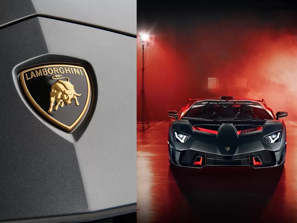 Logo pabrikan Lamborghini (kiri) dan mobil Lamborghini (kanan). (Instagram/@lamborghini )