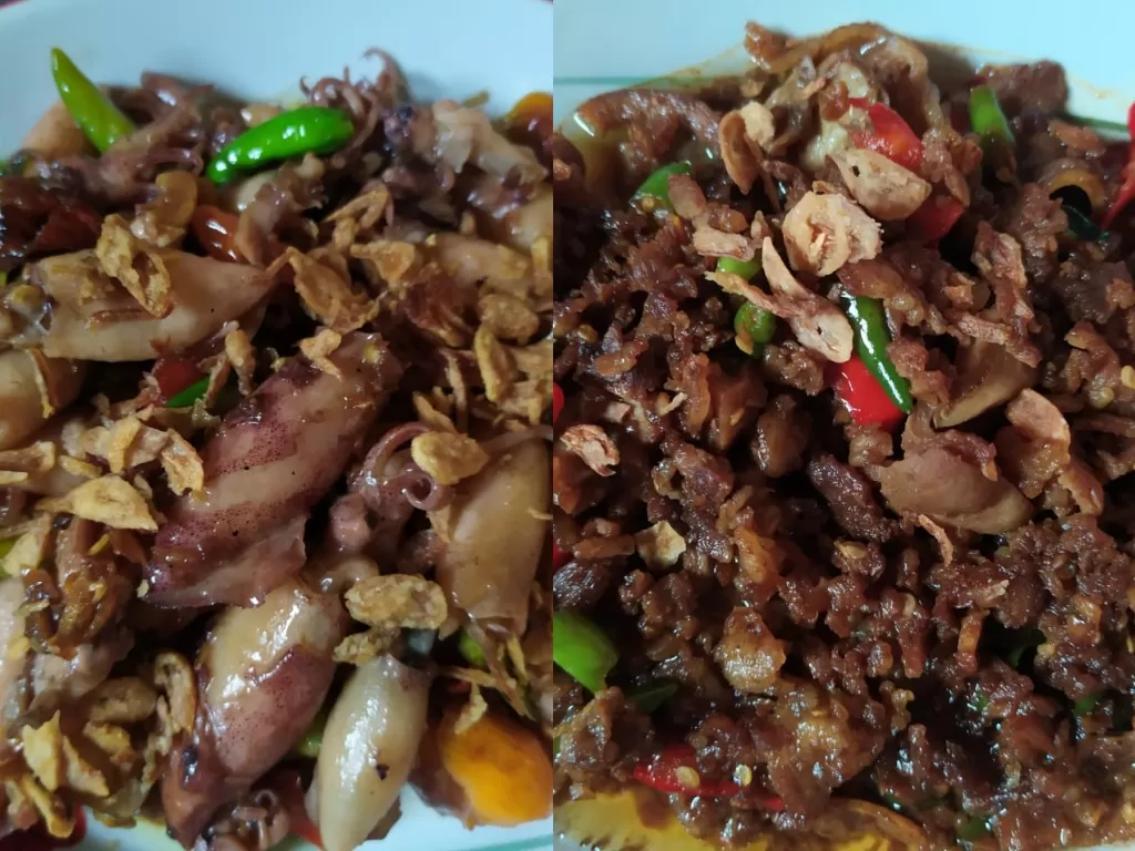 Cumi Sambal Bawang dari Chef Juna (kiri) dan Thai Beef Basil dari Chef Willgoz (kanan). (INDOZONE/Syarifah Noer Aulia).