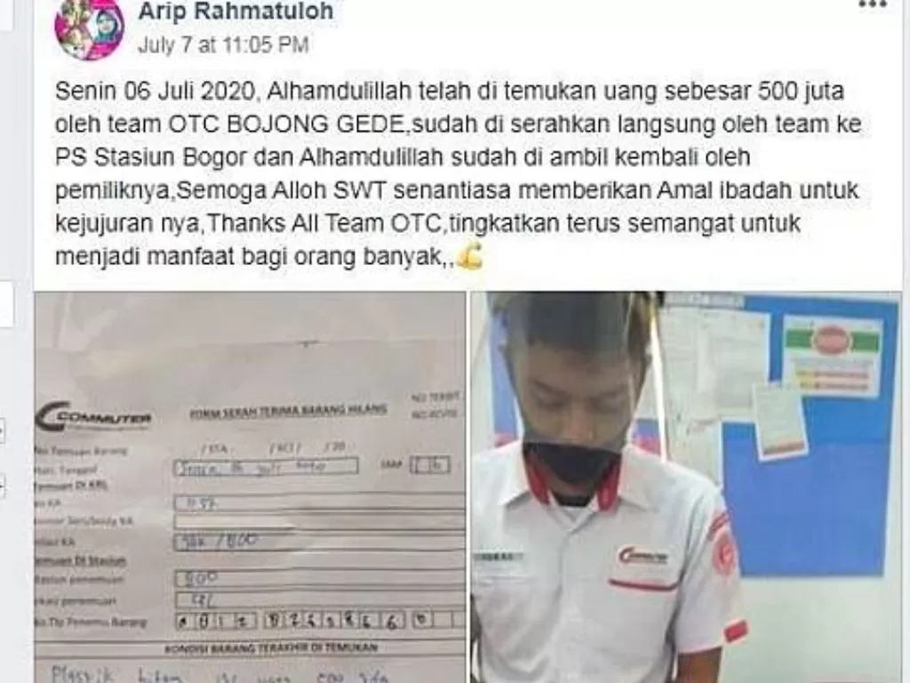 Postingan di media sosial tentang kisah kejujuran petugas kebersihan KRL yang temukan uang ratusan juta dan mengembalikannya. (Screenshoot/Facebook/ Arip Rahmatullah)