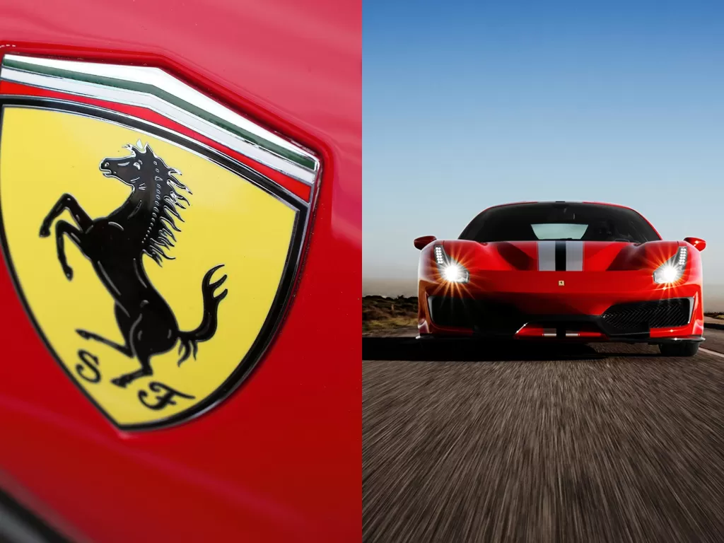 Logo pabrikan Ferrari (kiri) dan mobil Ferrari (kanan). (Instagram/@ferrari)