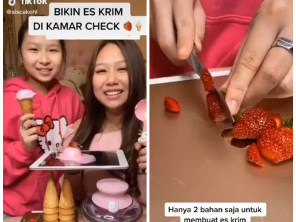 Dua anak perempuan bikin es krim dan potong strawberry gunakan iPad. (Instagram/@recehtable)