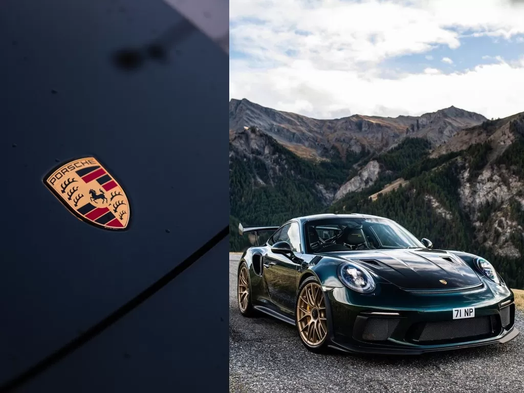 Logo pabrikan Porsche (kiri) dan mobil Porche (kanan). (Unsplash/Douglas Bagg/Instagram/@porsche)