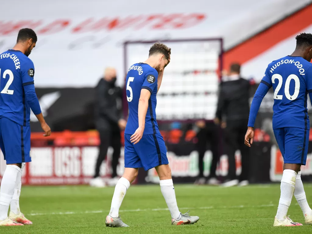 Ekspresi para pemain Chelsea setelah dihajar 3-0 oleh Sheffield United. (REUTERS/Peter Powell)