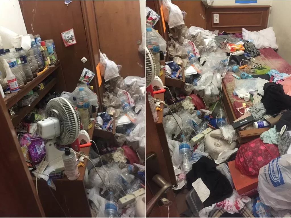 Potret kamar yang disesaki sampah setelah ditinggal dua bulan. (Twitter/@ksiezyc26)