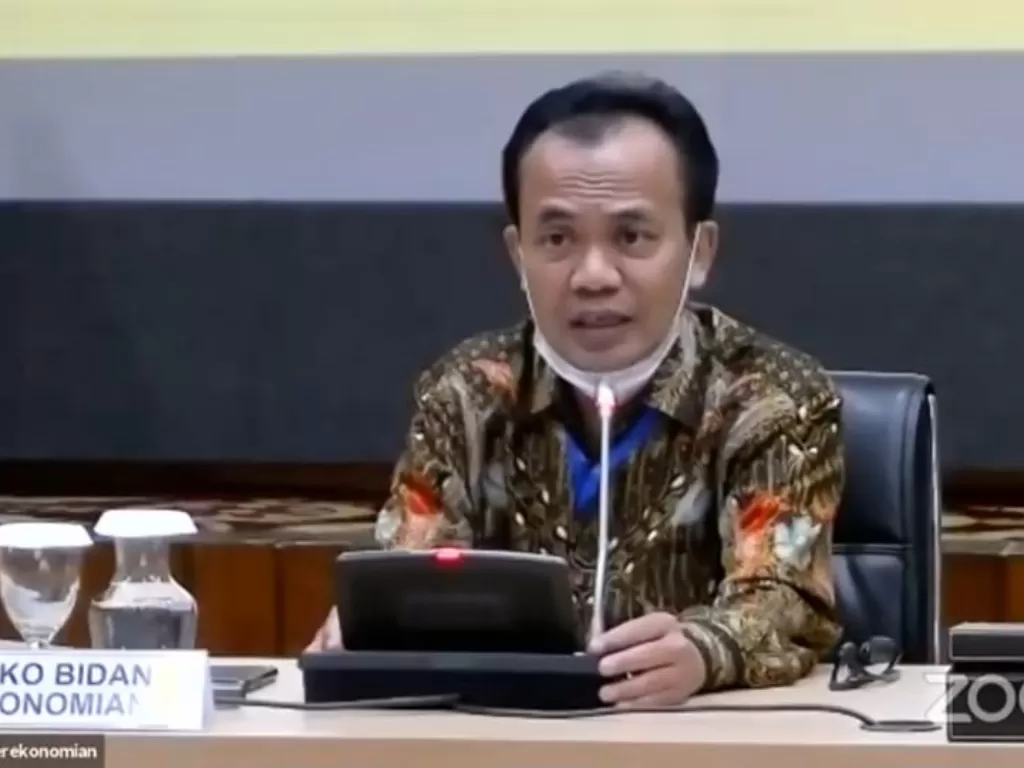 Caption: Sekretaris Kementerian Koordinator Bidang Perekonomian, Susiwijono dalam jumpa pers virtual di Jakarta, Senin (13/7/2020). 