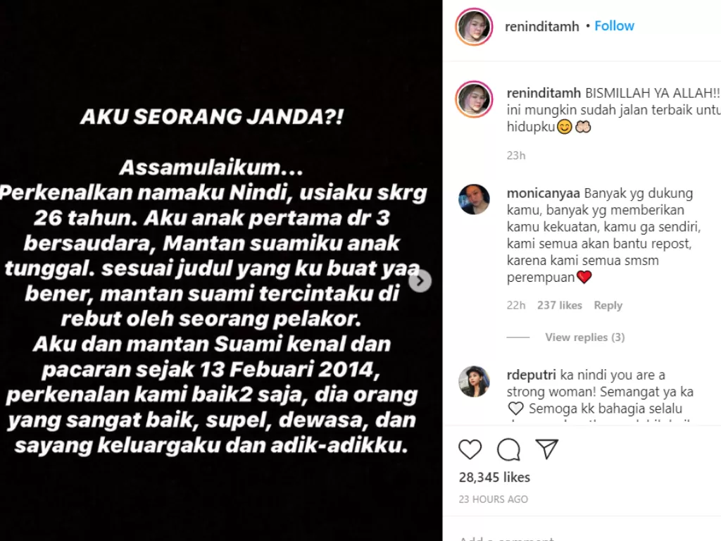Postingan istri sah di Instagram pribadinya (Instagram/@reninditamh)
