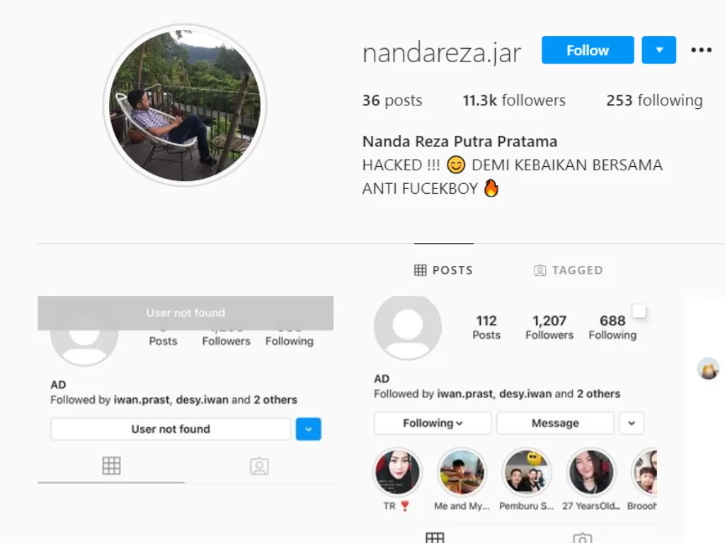 Akun Instagram pria dihacked (Instagram/@nandareza.jar)