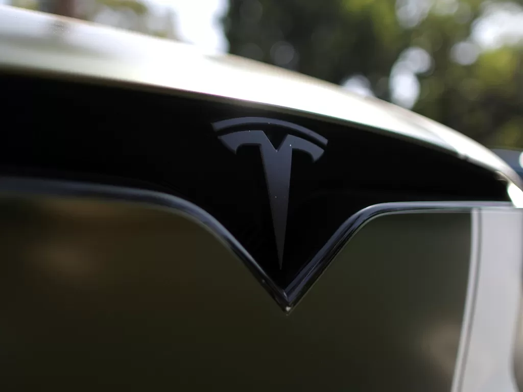 Logo pabrikan Tesla di grill mobil. (REUTERS/Lucy Nicholson)